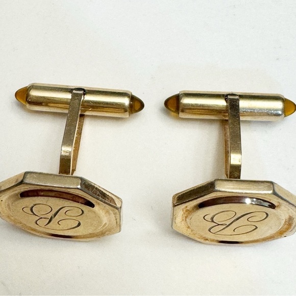 Vintage Krementz Octagon Cuff Links Gold Tone Engraved B Monogram Lucite Tips - Picture 3 of 13